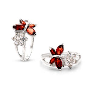 Red Garnet Butterfly Ring: Sterling Silver Charm, Cubic Zirconia Accents