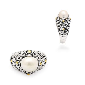 Balinese Pearl Ring: Sterling Silver & 18K Gold, Handmade Bali Jewelry