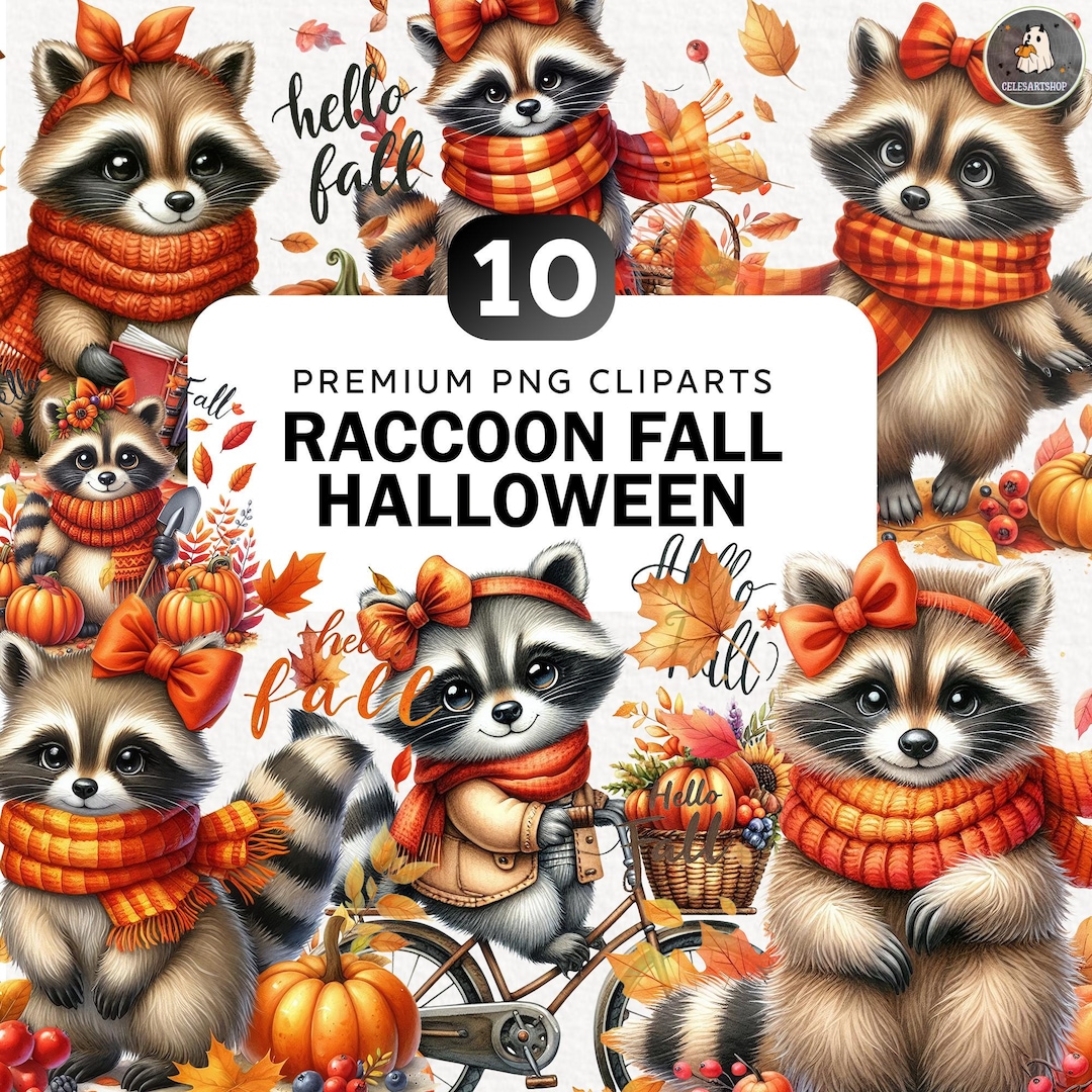 10+ Watercolor Fall Raccoon Clipart Bundle, Autumn Raccoon Png, Pumpkin ...