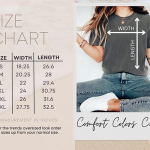 May include: Size chart with measurements in inches for a t-shirt. The chart lists sizes S to 3XL with corresponding width and length measurements. A person is wearing a gray t-shirt and jeans. The text "Comfort Colors C1717" is also visible.