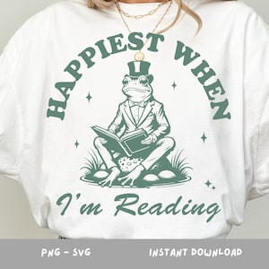 Happiest When I&#39;m Reading SVG PNG T-Shirt, Frog Retro Vintage Design, Funny Frog Art, Cute Reading Quote for Book Lovers and Frog Bookworms