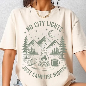 Campfire Nights Camping PNG SVG, No City Lights PNG, Rustic Mountain Adventure Shirt Png, Cozy Outdoor Camp Life Aesthetic, Camp Shirt