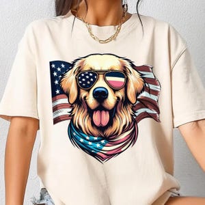 Perro PNG del 4 de julio, clipart patriótico de golden retriever, sublimación de perro con gafas y bandera de EE. UU., descarga digital del Día de la Independencia, adorable mascota estadounidense