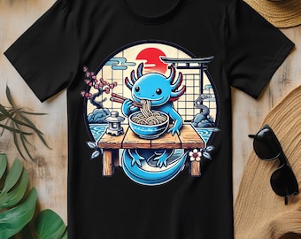 Kawaii Axolotl Eating Ramen Noodles Japanese PNG, Cute Blue Axolotl Animal T-shirt Design