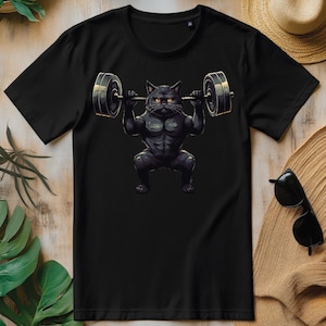 Black Cat Powerlifting Weightlifting Gym Workout PNG, Funny Fitness Cat T-shirt Design