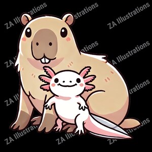 Pode incluir: Uma ilustra&ccedil;&atilde;o de desenho animado de uma capivara marrom com um axolote branco sentado em suas costas. A capivara tem um nariz rosa e uma express&atilde;o amig&aacute;vel. O axolote tem br&acirc;nquias rosa e um corpo branco.