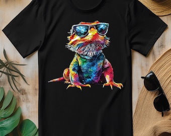 Colorful Watercolor Bearded Dragon Sunglasses PNG, Lizard Reptile T-shirt Design