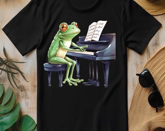 Cute Frog Playing Piano Musician Music PNG, Funny Amphibian Animal T-shirt Design