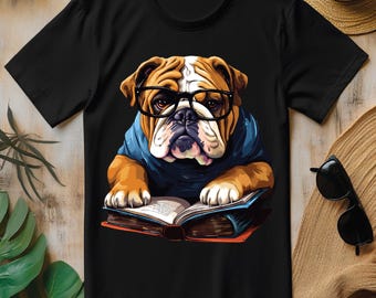 Cute Dog English Bulldog Reading Book PNG, Funny Bulldog Dog T-shirt Design