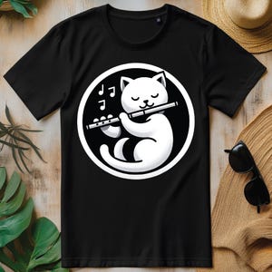 Gato Gatinho Tocando Flauta Músico Amante de Gatos PNG, Design Engraçado de Camiseta Musical