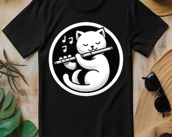 Cat Kitten Playing Flute Musician Cats Lover PNG, Funny Music T-shirt Design