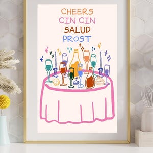 Minimalist Cocktail Line Art | Hand Drawn Bar Cart Wall Art | Colorful Digital Download | Kitchen Poster | 16x24 | 18x24
