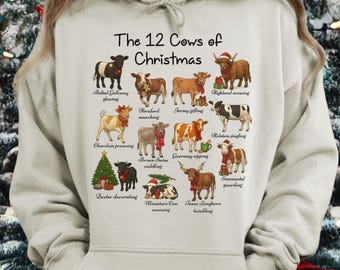 Felpa con cappuccio "12 mucche di Natale", regalo di Natale per gli amanti delle mucche, maglietta con razze di animali da fattoria, felpa con cappuccio per le vacanze in famiglia in stile ranch, H283