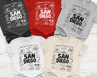 Custom San Diego Family Name T-Shirts, Southern California Souvenir Beach Trip Shirts