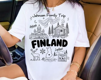 Adventure Finland Family Trip T-Shirt, Custom Names Finnish Heritage Landmark Gift