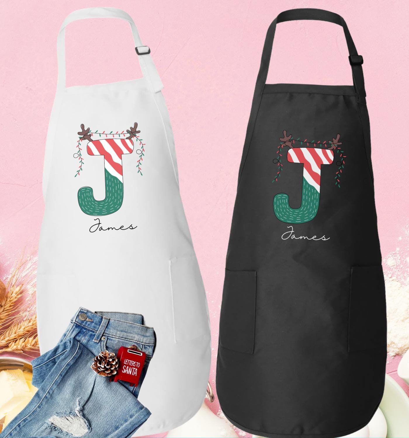 モノグラム入りカスタムクリスマスエプロン、名前入り子供用エプロン