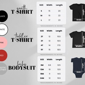 Pu&ograve; includere: Tabella delle taglie per abbigliamento per bambini, bambini piccoli e neonati. La tabella mostra le misure di larghezza e lunghezza in pollici per diverse taglie di t-shirt e body. La tabella include le taglie S, M, L, 2T, 3T, 4T, 5T, 6M, 12M, 18M e 24M. La tabella include anche campioni di colore per nero, bianco, rosa, rosso e grigio atletico.