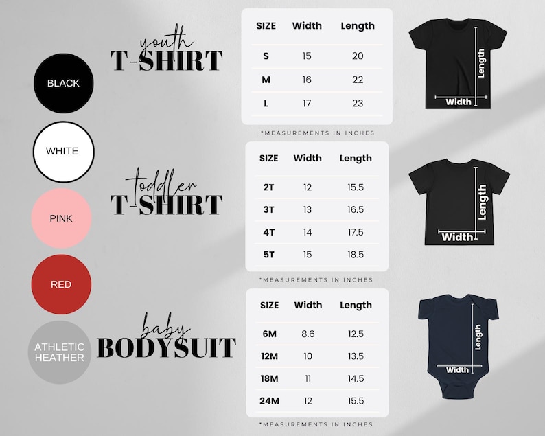 Pu&ograve; includere: Tabella delle taglie per abbigliamento per bambini, bambini piccoli e neonati. La tabella mostra le misure di larghezza e lunghezza in pollici per diverse taglie di t-shirt e body. La tabella include le taglie S, M, L, 2T, 3T, 4T, 5T, 6M, 12M, 18M e 24M. La tabella include anche campioni di colore per nero, bianco, rosa, rosso e grigio atletico.