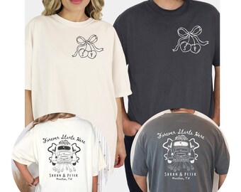 Gepersonaliseerde net getrouwd auto huwelijksreis retro shirt heer en mevrouw pasgetrouwde cadeaus, aangepaste trouwdatum koppels tee huwelijksreisclub, A095