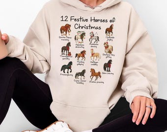 12 Festive Horses of Christmas Hoodie, Horse Lover Holiday Sweatshirt