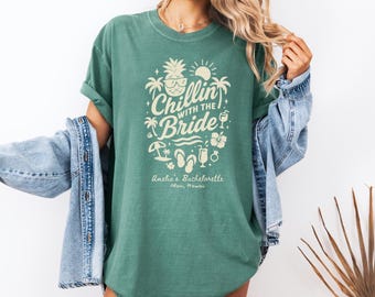 Chillen mit dem Braut-Shirt, Tropisches Junggesellinnenabschied-T-Shirt, Hawaii Strand-Braut-Shirt, Palmen-Partygeschenk, Braut-Kader-Urlaubs-Shirt, A025
