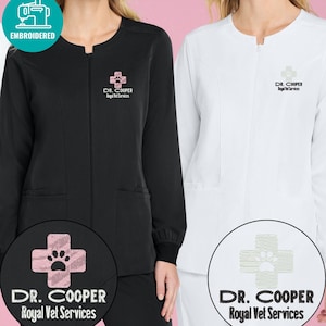 Anpassad veterinärjacka med dragkedja för damer, present till veterinär, Scrub, broderad, G004