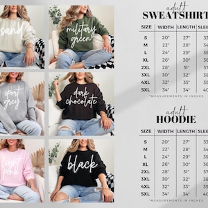 Pu&ograve; includere: Tabella delle taglie per felpe e felpe con cappuccio per adulti. La tabella mostra la larghezza, la lunghezza e la lunghezza della manica in pollici per le taglie S a 5XL.