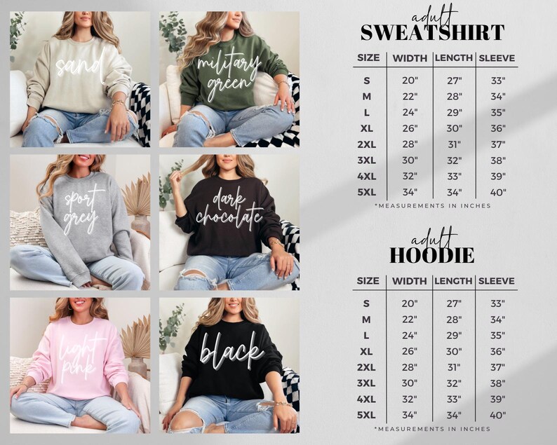 Pu&ograve; includere: Tabella delle taglie per felpe e felpe con cappuccio per adulti. La tabella mostra la larghezza, la lunghezza e la lunghezza della manica in pollici per le taglie S a 5XL.