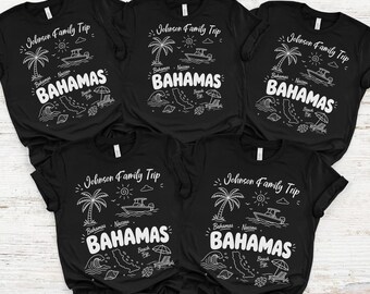 Family Bahamas Beach Custom Name T-Shirts, Tropical Summer Vacation Holiday Shirts