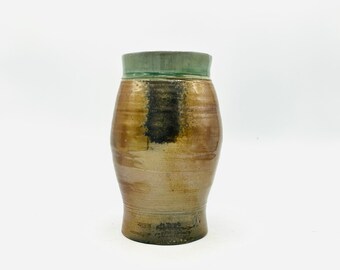 NEW! Green Rimmed Warm Brown Wood Fired Vase by Lynn Isaacson