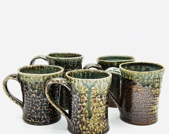 Deep Blue Drip Salt Fired 3-Finger Mugs by Lynn Isaacson