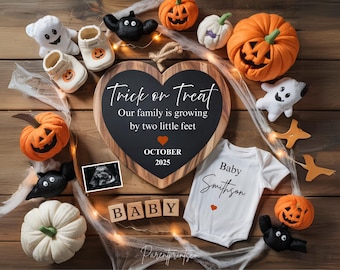May include: A Halloween-themed baby announcement with a wooden heart-shaped sign that reads "Trick or Treat Our family is growing by two little feet October 2025". There are pumpkins, ghosts, bats, and a baby onesie with the text "Baby Smithson".