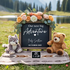 Adventure Pregnancy Announcement Template Camping pregnancy announcement Boho baby announcement Gender Neutral reveal Social media editable