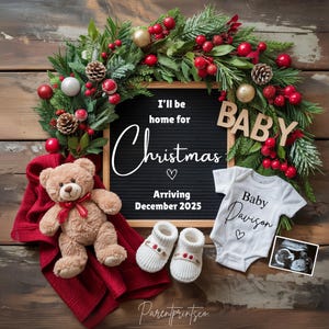 Faire-part de grossesse numérique de Noël pour décembre Modèle modifiable neutre pour l'annonce de bébé Je serai à la maison pour Noël A0114