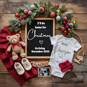 Weihnachten Digitale Schwangerschaftsankündigung im Dezember Babymitteilung Gender Neutral Bearbeitbare Vorlage Ich werde zu Weihnachten zu Hause sein A0115