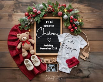 Christmas Digital Pregnancy Announcement Due in December Baby Announcement Gender Neutral Editable Template I&#39;ll be home for Christmas A0115