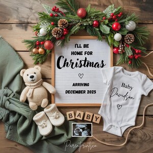 Faire-part de grossesse numérique pour Noël Modèle modifiable neutre pour l'annonce de bébé en décembre Je serai à la maison pour Noël A0116