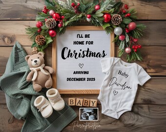Weihnachten Digitale Schwangerschaftansage Aufgrund im Dezember Babymitteilung Gender Neutral Bearbeitbare Vorlage Ich werde zu Weihnachten zu Hause sein A0118