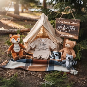 Schwangerschaftsankündigung Digital Woodland Babymitteilung Social Media Reveal Facebook Instagram Bearbeitbare Vorlage Unser nächstes Abenteuer A0074