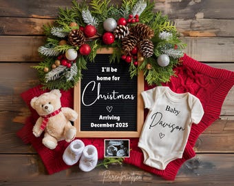 Christmas Digital Pregnancy Announcement Due in December Baby Announcement Gender Neutral Editable Template I&#39;ll be home for Christmas A0113