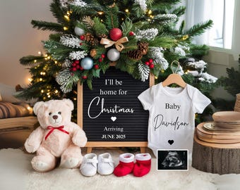 Weihnachten Digitale Schwangerschaftsankündigung im Dezember Babymitteilung Gender Neutral Bearbeitbare Vorlage Ich werde zu Weihnachten zu Hause sein A0209