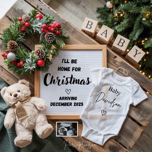 Faire-part de grossesse numérique pour Noël - Modèle modifiable neutre pour le faire-part de bébé en décembre Je serai à la maison pour Noël A0119
