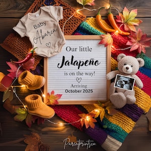 Nuestro pequeño Jalapeño está en camino Anuncio de embarazo Digital Cinco de Mayo Fiesta Baby Reveal Plantilla final editable Mexicana A0078