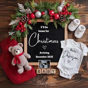 Faire-part de grossesse numérique de Noël pour décembre Modèle modifiable neutre pour l'annonce de bébé Je serai à la maison pour Noël A0112