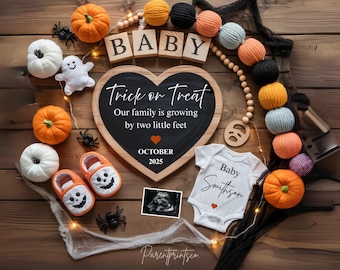May include: A Halloween-themed baby announcement with a chalkboard heart sign that reads "Trick or Treat Our family is growing by two little feet October 2025". There are baby booties, a onesie, a sonogram, and a garland of orange, black, and white yarn balls.