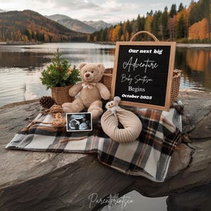 Adventure Pregnancy Announcement Template Camping pregnancy announcement Boho baby announcement Gender Neutral reveal Social media editable