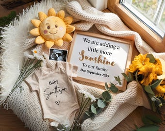 Simple Boho Sunshine Pregnancy Announcement Digital Template Editable Summer Baby Announcement Gender Neutral Sun Baby Reveal A0094