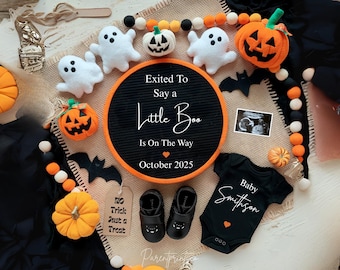 May include: Halloween-themed baby announcement with a black onesie, baby shoes, and a sign that says "Exited To Say a Little Boo Is On The Way October 2025." Decorative pumpkins, ghosts, and bats surround the announcement.