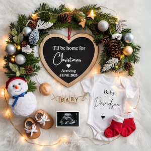 Faire-part de grossesse numérique de Noël pour décembre Modèle modifiable neutre pour l'annonce de bébé Je serai à la maison pour Noël A0212