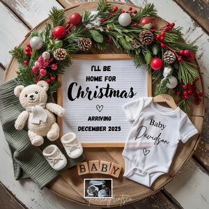 Faire-part de grossesse numérique pour Noël - Modèle modifiable neutre pour le faire-part de bébé en décembre Je serai à la maison pour Noël A0111